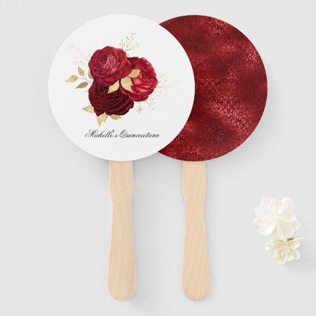Leque Rosas Vintage Vermelhas e Douradas (Frente e Verso)