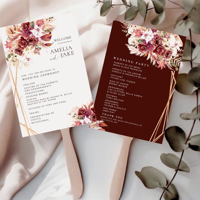 Leque Rosewood & Gold Floral Wedding Program Fan (Criador carregado)