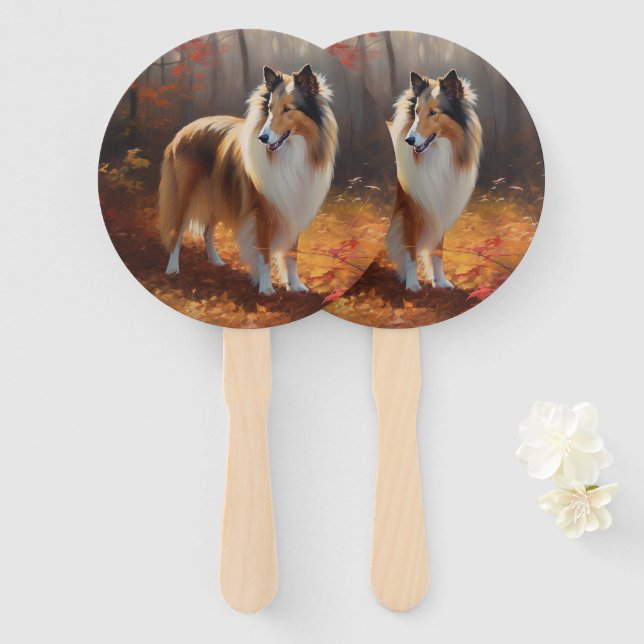 Leque Rough Collie no Outono Folhas Caídas Inspiram (Frente e Verso)