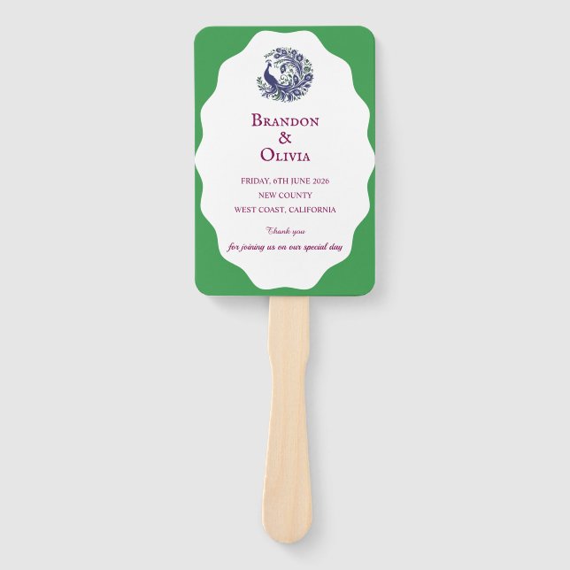 Leque Royal Blue Peacock Wedding Program Set of Fans (Frente)