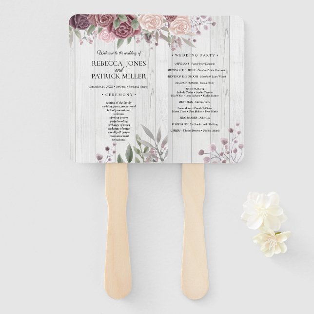 Leque Rustic Boho Dusty Rosa Pink Flowers Casamento Mão  (Frente e Verso)