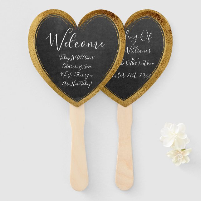 Leque Rustic Chalkboard Faux Dourado Wedding Heart Welco (Frente e Verso)