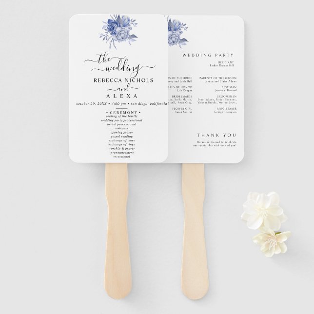 Leque rustic dusty blue roses and other flowers (Frente e Verso)