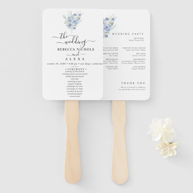 Leque rustic dusty blue watercolor flowers & leaves (Frente e Verso)