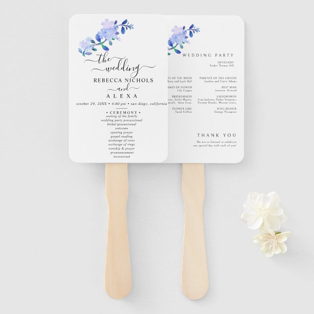 Leque rustic dusty blue watercolor-style flower & leaves (Frente e Verso)