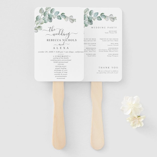 Leque Rustic Watercolor Eucalyptus Greenery Wedding (Frente e Verso)