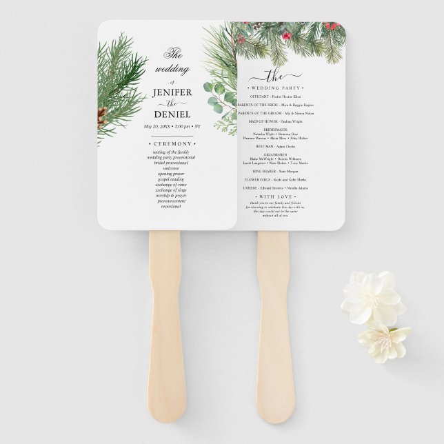 Leque Rustic Winter Berry Pine Greenery Wedding (Frente e Verso)
