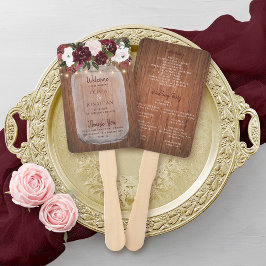 Leque Rustic Wood Burgundy Floral Mason Jar Wedding