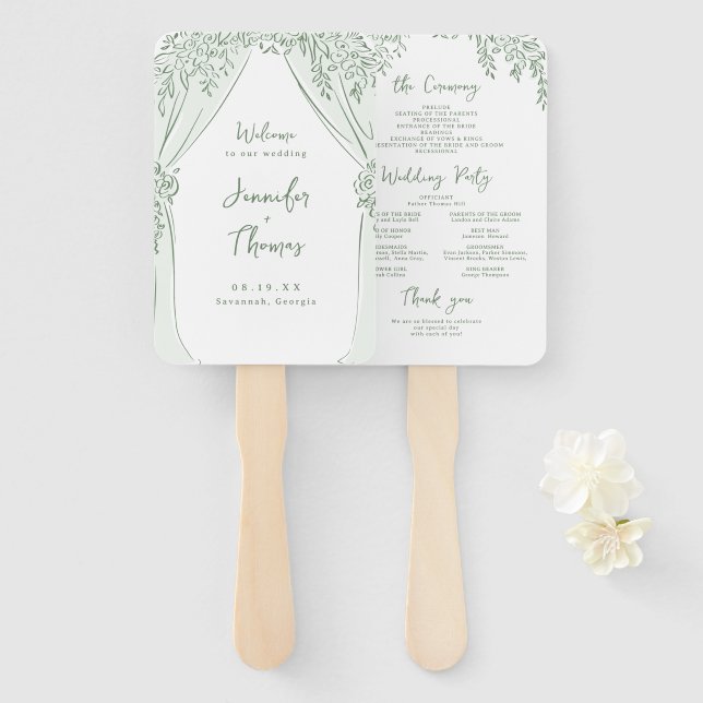 Leque Sage Floral Arch Whimsical Wedding Programs (Frente e Verso)