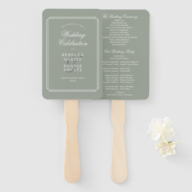 Leque Sage Green Art Deco Weding Program (Frente e Verso)