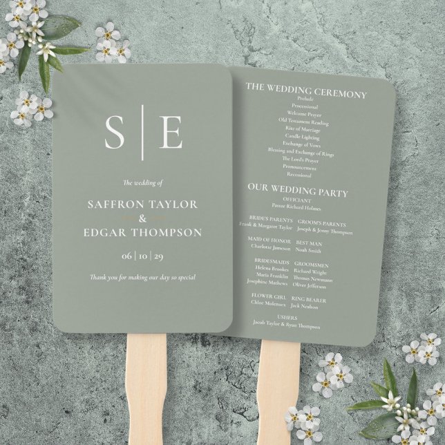 Leque Sage Green Elegant Monogramme Weding Program (Sage Green Elegant Monogram Wedding Program Hand Fan)