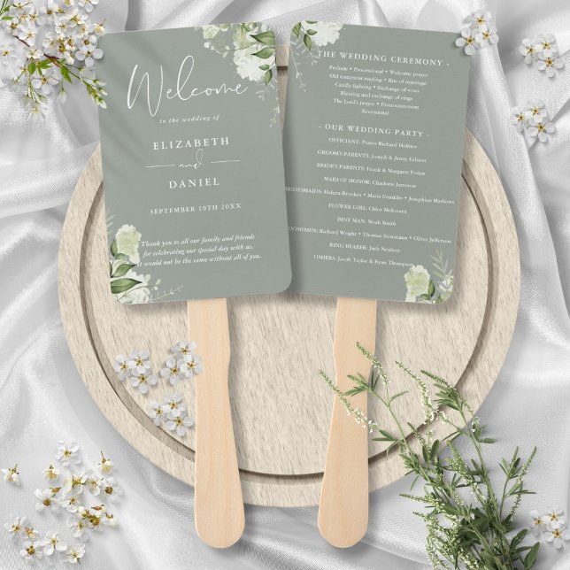 Leque Sage Green Floral Greenery Weding Program (Sage Green Floral Greenery Wedding Program Hand Fan)