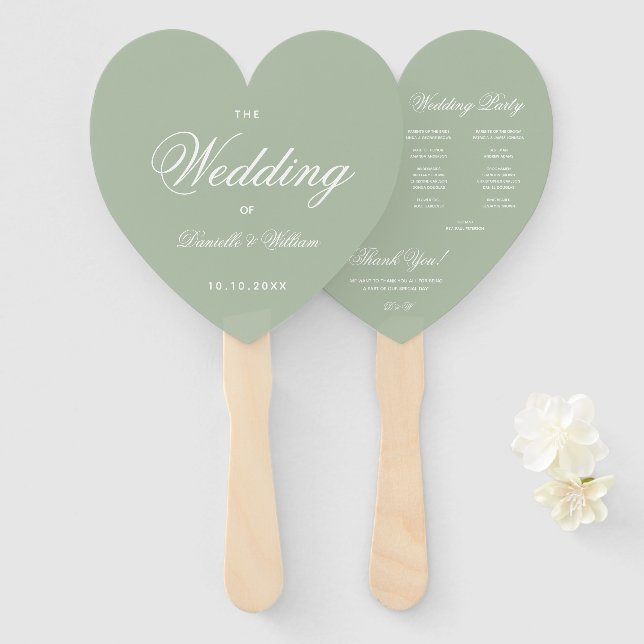 Leque Sage Green Heart Elegant Script Wedding Program Ha (Frente e Verso)