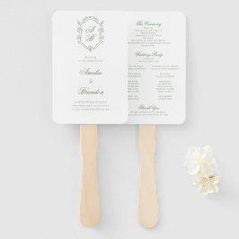 Leque Sage Green Leaf Monograma Crest Weding Program