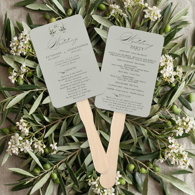 Leque Sage Green Olive Branch Monogram Wedding Program  (Criador carregado)