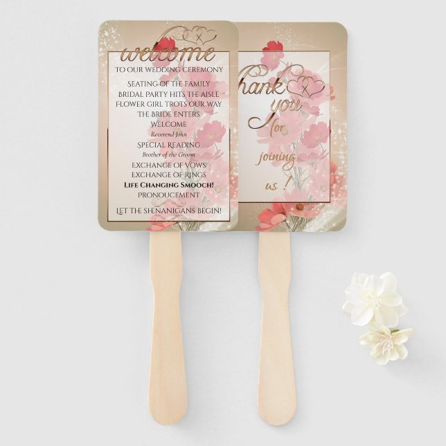 Leque Salmão e Flores Vermelhas/Trim Dourado (Frente e Verso)