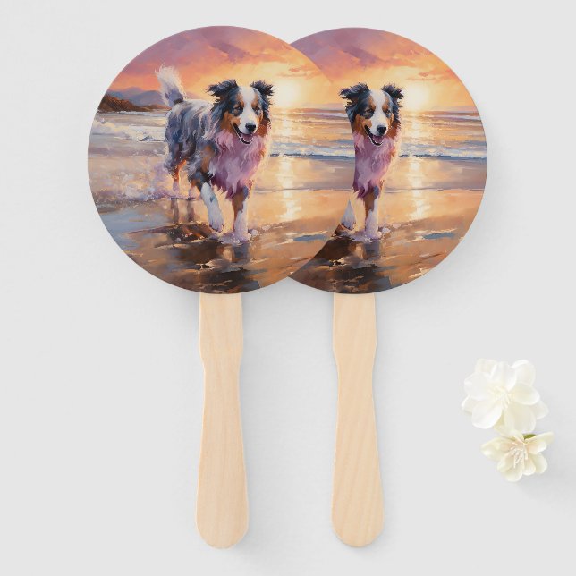 Leque Sandy Australian Shepherd Dog on Beach Sunset (Frente e Verso)