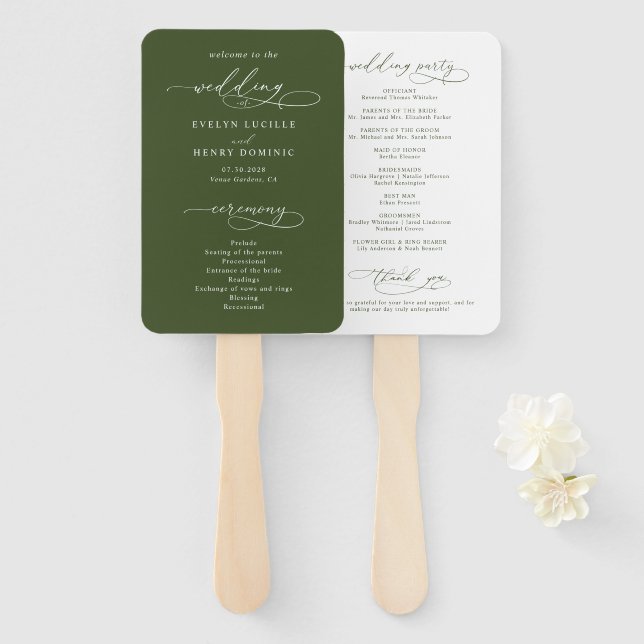 Leque Script Calligraphy Olive Green Wedding Program (Frente e Verso)