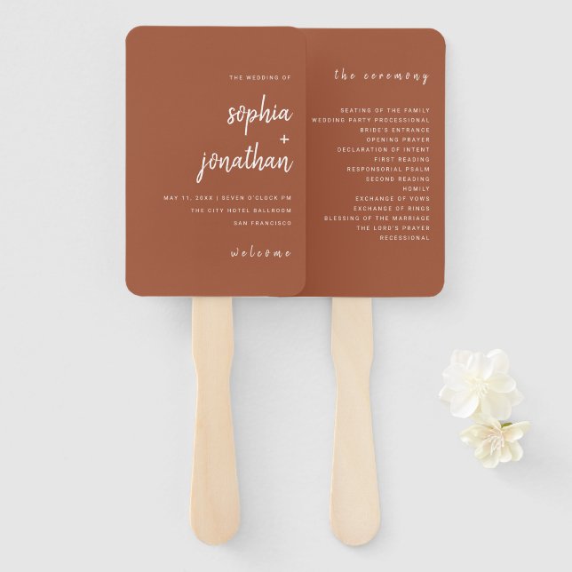 Leque Script Minimalista Moderno Terracotta | Casamento (Frente e Verso)