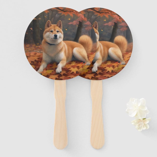 Leque Shib Inu no Outono Folhas Caem Inspirar  (Frente e Verso)