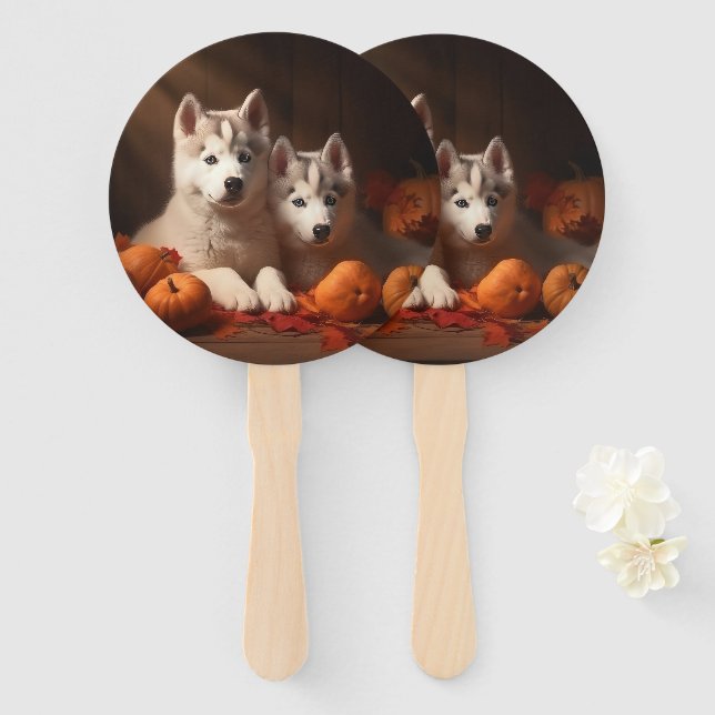 Leque Siberian Husky Puppy Autumn Delight Pumpkin (Frente e Verso)