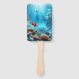 Leque Sob o mar, tartaruga, coral, navio, palhaço
