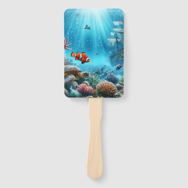 Leque Sob o mar, tartaruga, coral, navio, palhaço (Frente)