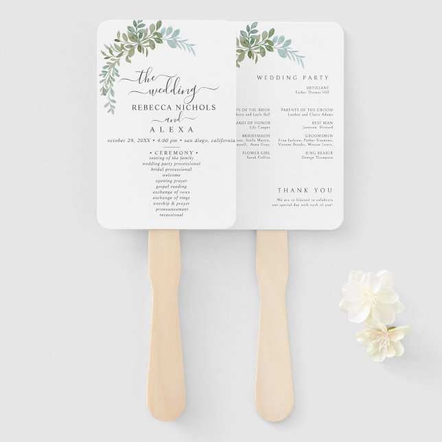 Leque Soft Green Eucalyptus Watercolor Rustic Wedding (Frente e Verso)