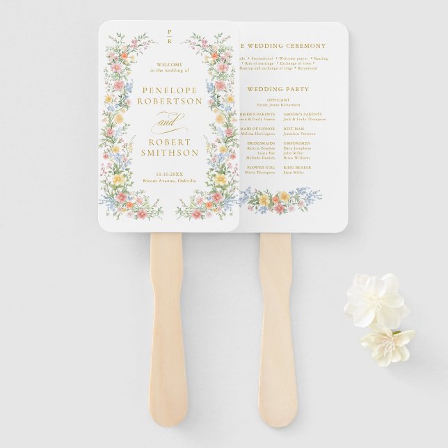 Leque Soft Pastel Ornate Spring Gold Wedding Program (Frente e Verso)
