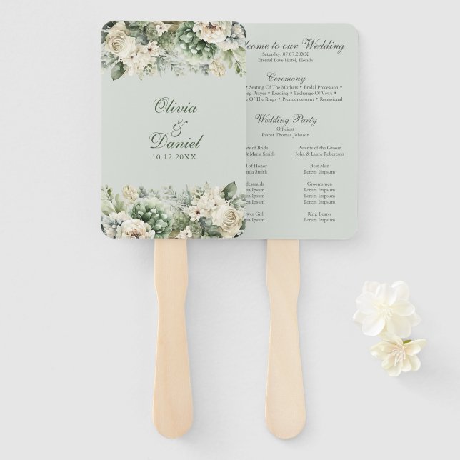 Leque Soft Sage Green Floral Wedding Program Hand Fan (Frente e Verso)