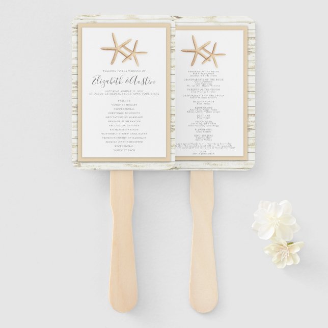 Leque Starfish Whitewash Wood Beach Weding Program Fan (Frente e Verso)