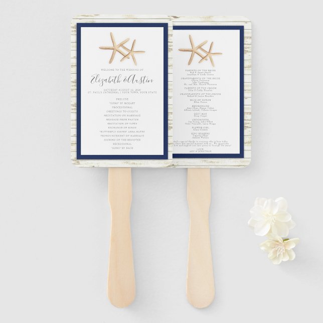 Leque Starfish Whitewash Wood Beach Weding Program Fan (Frente e Verso)
