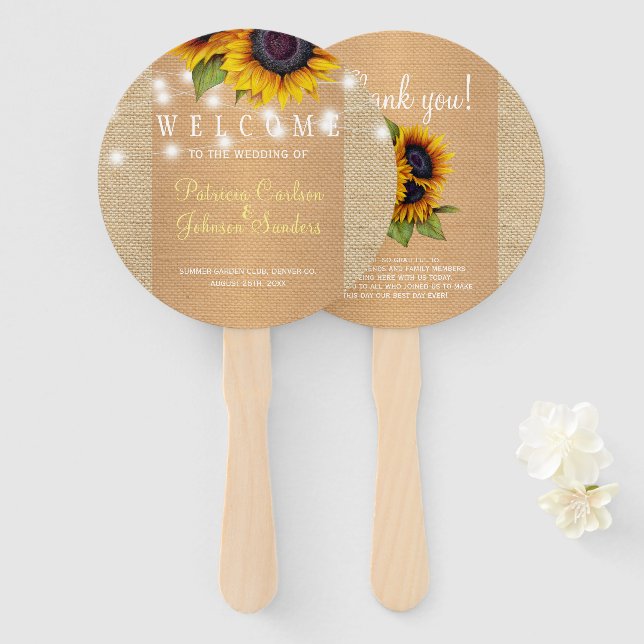 Leque Sunflower country burlap gold favor de casamento (Frente e Verso)