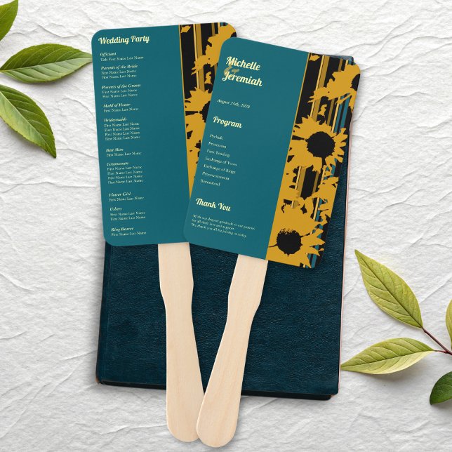 Leque Sunflower Teal Blue Gold Modern Wedding Program (Criador carregado)