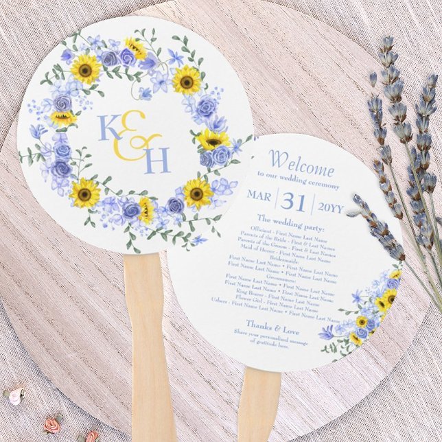 Leque Sunflowers Dusty Blue Roses Wedding Wreath (sunflower dusty blue wedding hand fans, sunflowers light blue roses paper fans favors)