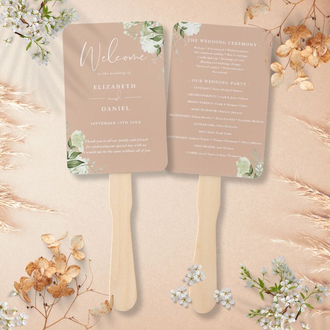 Leque Tan Floral Greenery Wedding Program (Tan Floral Greenery Wedding Program Hand Fan)