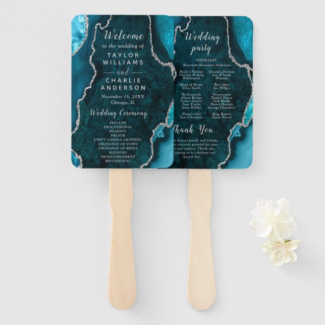 Leque Teal Blue and Silver Agate Wedding Program (Frente e Verso)