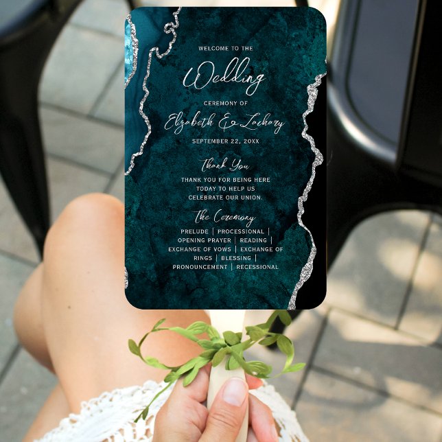 Leque Teal Blue Silver Agate Script Wedding Program (Criador carregado)