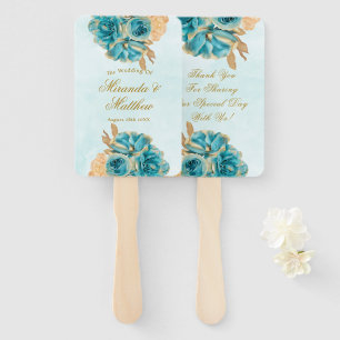 Leque Teal Creamy Dourado Florals Casamento Obrigado