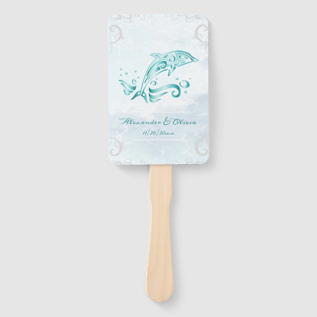 Leque Teal Dolphin Wedding Favor Hand Fan (Frente)