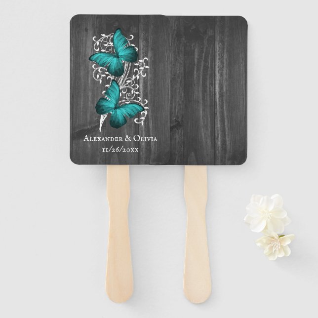 Leque Teal Rustic Butterfly Favor Hand Fan (Frente e Verso)