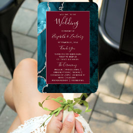 Leque Teal Silver Agate Burgundy Wedding Program