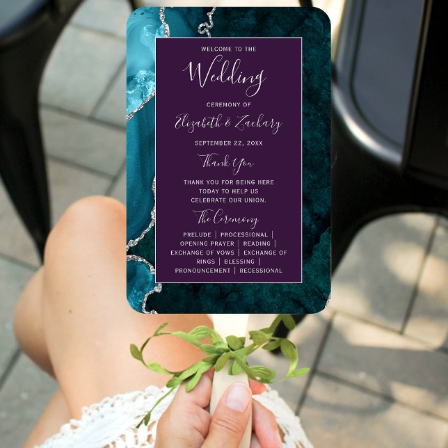 Leque Teal Silver Agate Purple Wedding Program (Criador carregado)