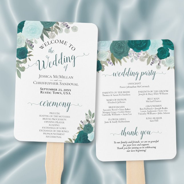 Leque Teal & Turquoise Elegant Floral Weding Program (Front/Back)