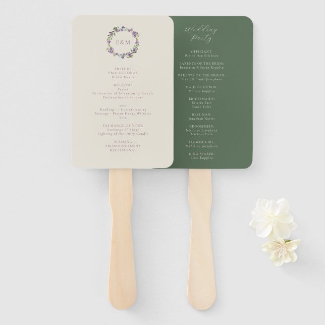 Leque Terra Floral de Script Clássico, Roxo e Verde (Frente e Verso)