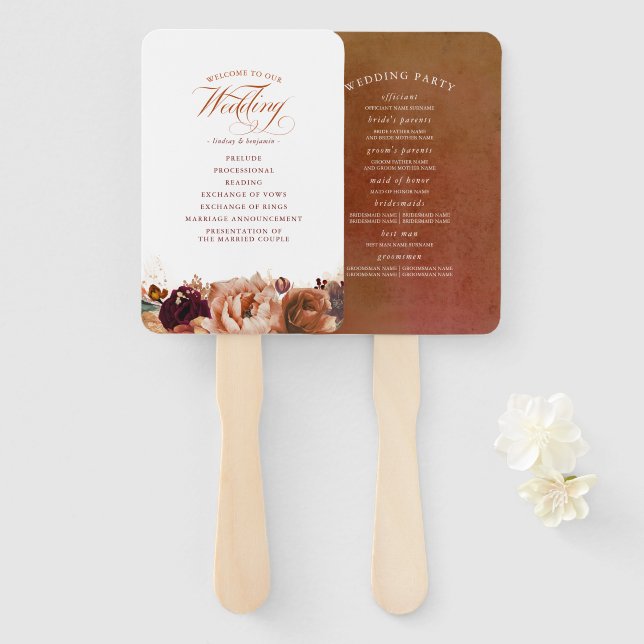 Leque Terracotta Floral Boho Weding Program (Frente e Verso)