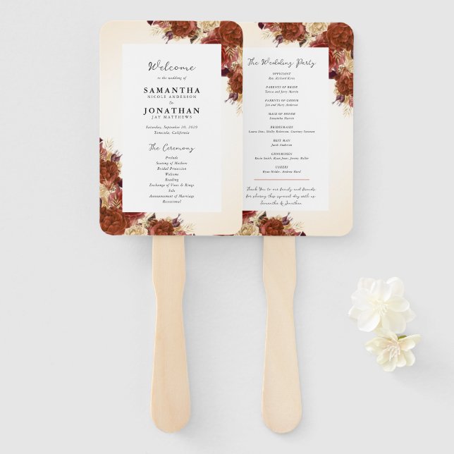 Leque Terracotta Flowers Manuscrito Manuscrito Casamento (Frente e Verso)