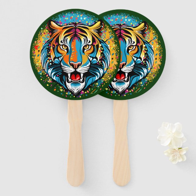 Leque Tinta de cores Arco-íris Cabeça de Tigre (Frente e Verso)