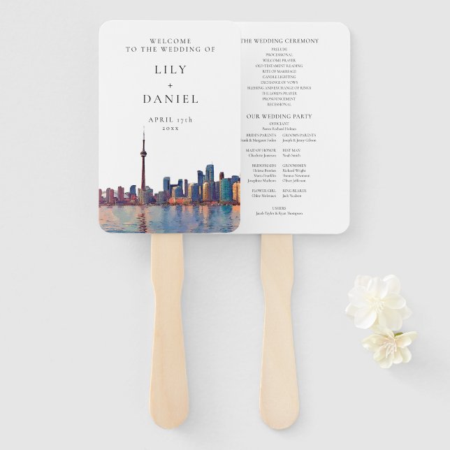 Leque Toronto Skyline Watercolor Wedding Program (Frente e Verso)