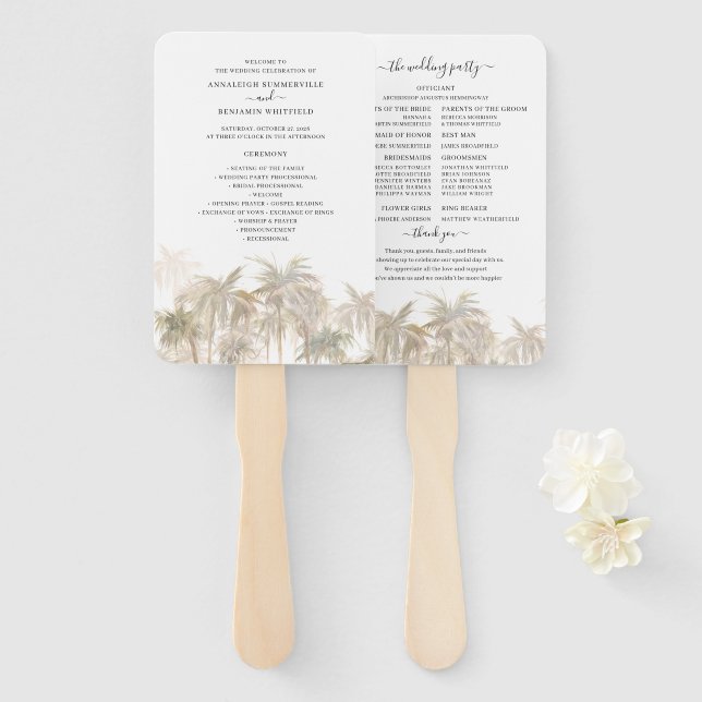 Leque Tropical Palm Trees Wedding Program (Frente e Verso)